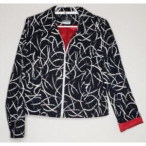 LoriZoni Jacket Small‎ Black White Red Stud Shoulder Pad Collared Zip Front